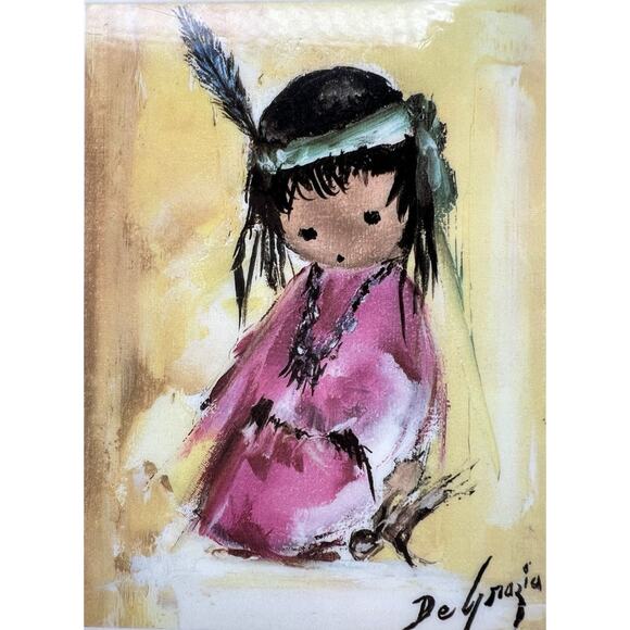 Ted DeGrazia Art Print on Wood Plaque Kneeling Girl Laminated “Love Me” 5.5”x7” - Picture 2 of 7